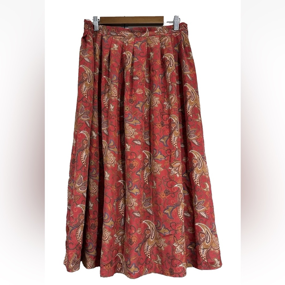 Vtg 90s Leslie Fay Pleated Midi Skirt Size Sz 14P Red Floral Paisley Cottagecore
